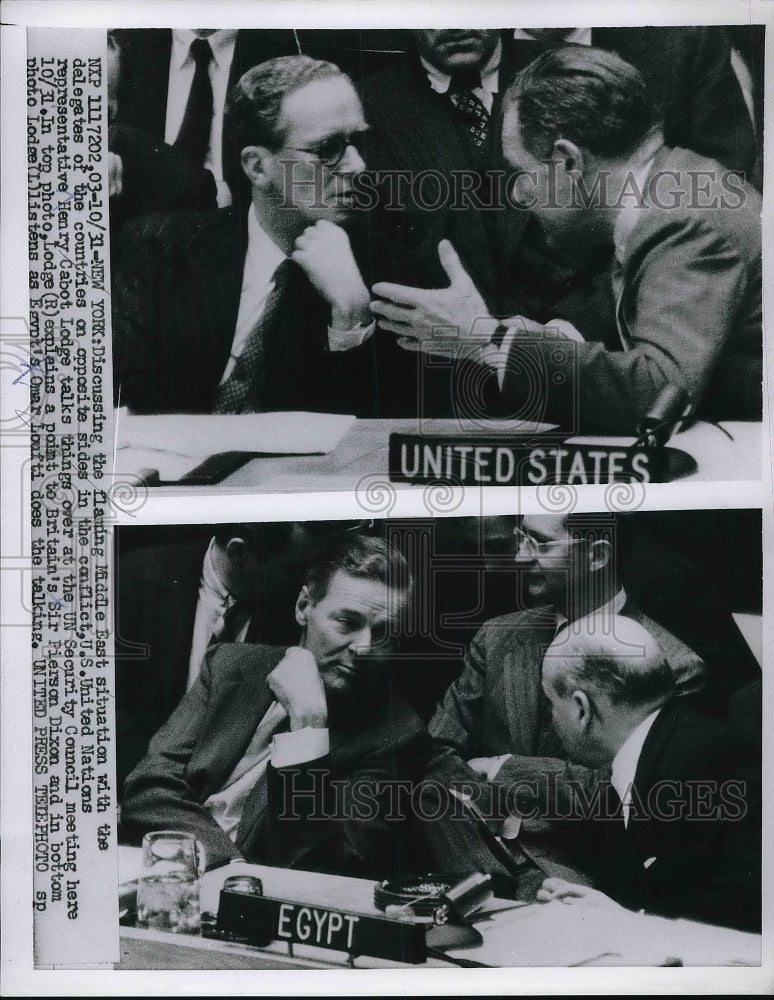 Load image into Gallery viewer, 1956 Press Photo Un discusses Middle East situation, Henry C Lodge,, Sir P Dixon
