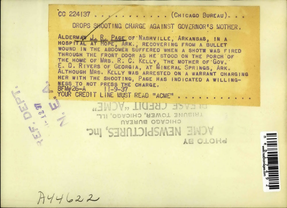 1937 Press Photo J.R. Page Drops Shooting Charges Against Gov, Rivers Mother