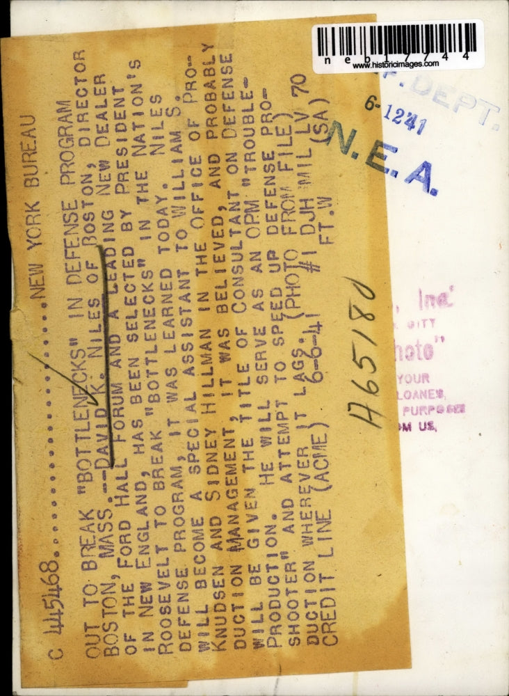 1941 Press Photo David K. Niles, Consultant on Defense Production