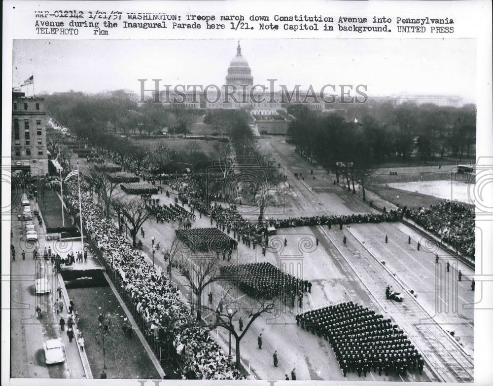 1957 Press Photo troops march down Constitution Ave during inauguration parade