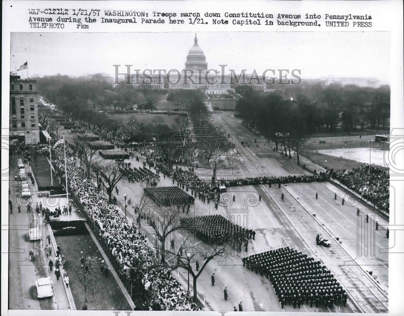 Load image into Gallery viewer, 1957 Press Photo troops march down Constitution Ave during inauguration parade

