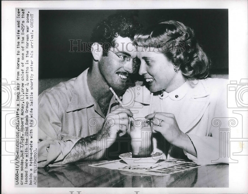 Load image into Gallery viewer, 1950 Press Photo T/Sgt. Robert McKay, Crew Chief of B-29, with his wife Sallie
