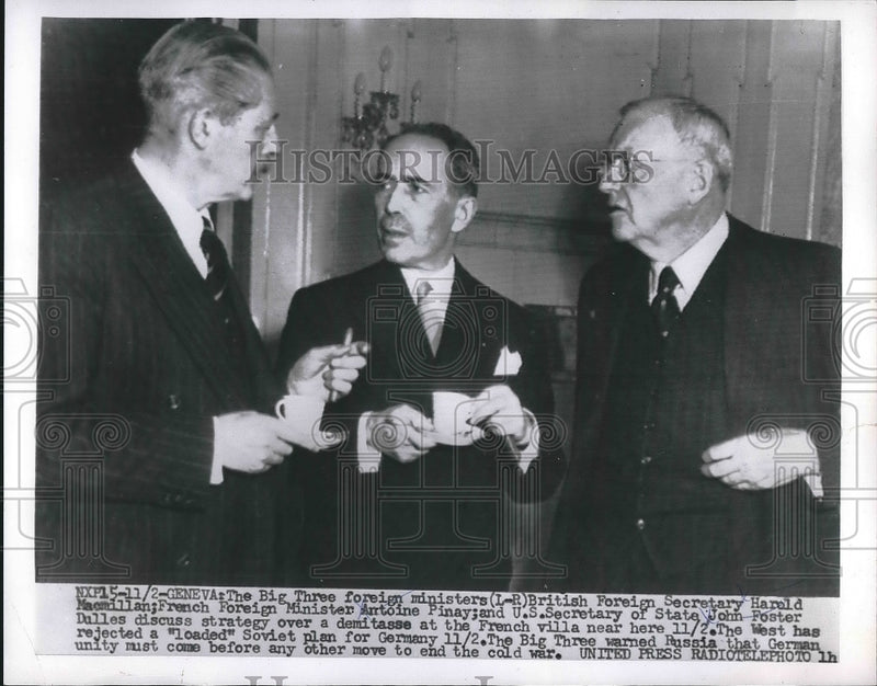 Load image into Gallery viewer, 1955 Press Photo Harold Macmillan Antoine Pinay John Foster Dulles Politics
