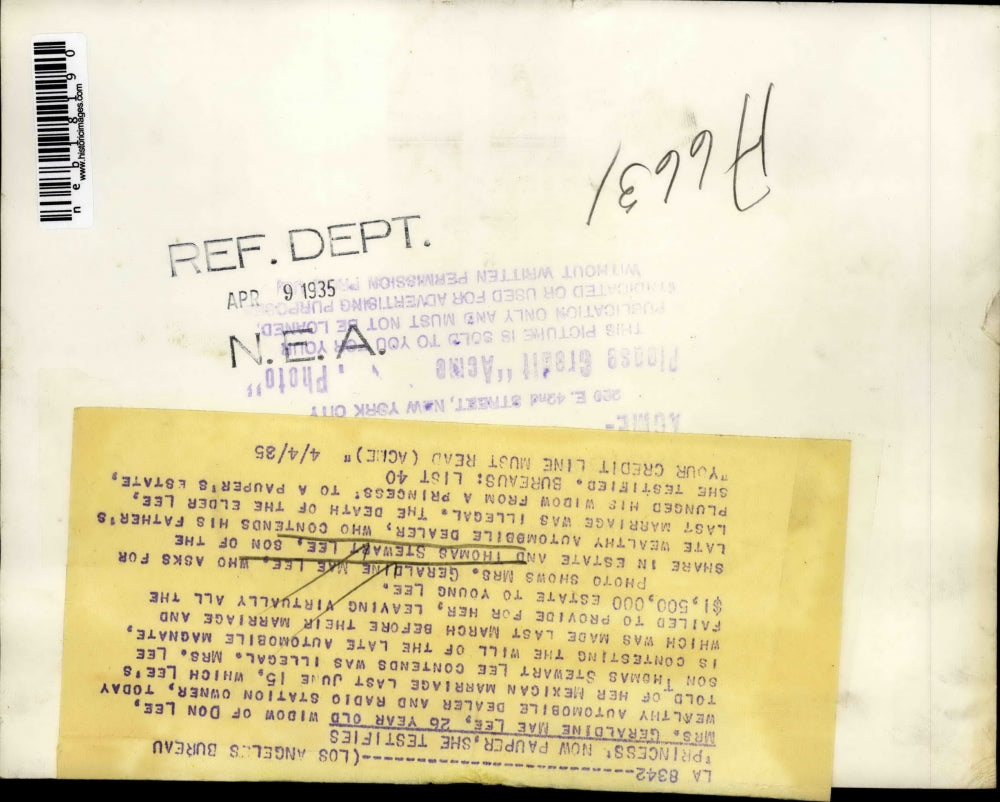 1935 Press Photo Mrs. Geraldine Mae Lee, Thomas Stewart Lee, Princess Now Pauper