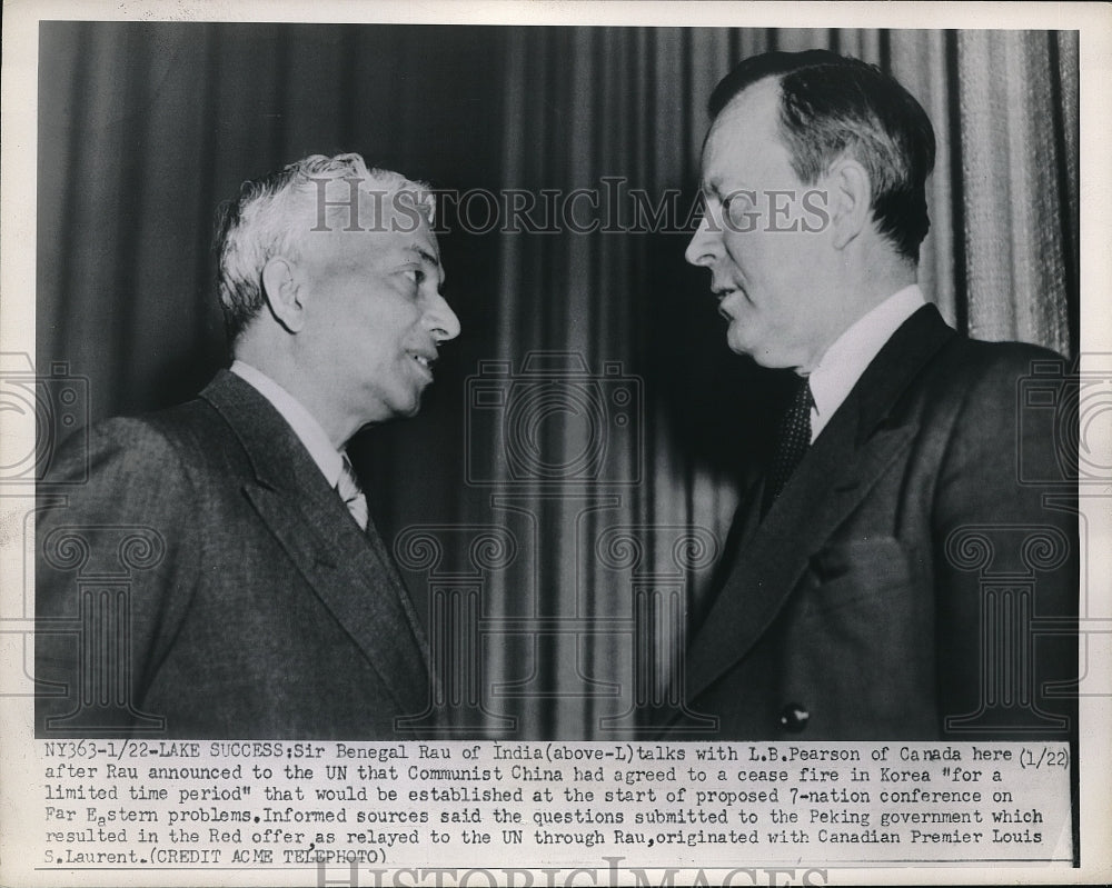 1951 Press Photo Canadian Prime Minister Lester Pearson & Sir B Rau of India- Historic Images
