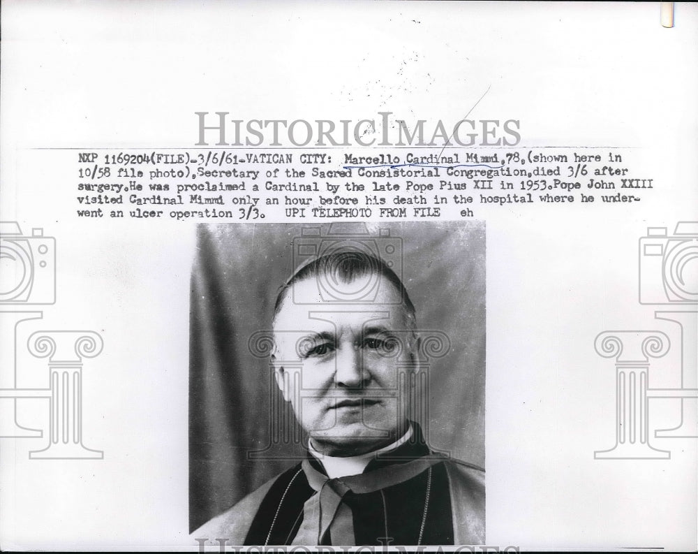 1958 Press Photo Marcello Cardinal Mimmi, Sacred Consistroial Congregation
