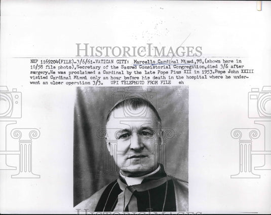 1958 Press Photo Marcello Cardinal Mimmi, Sacred Consistroial Congregation
