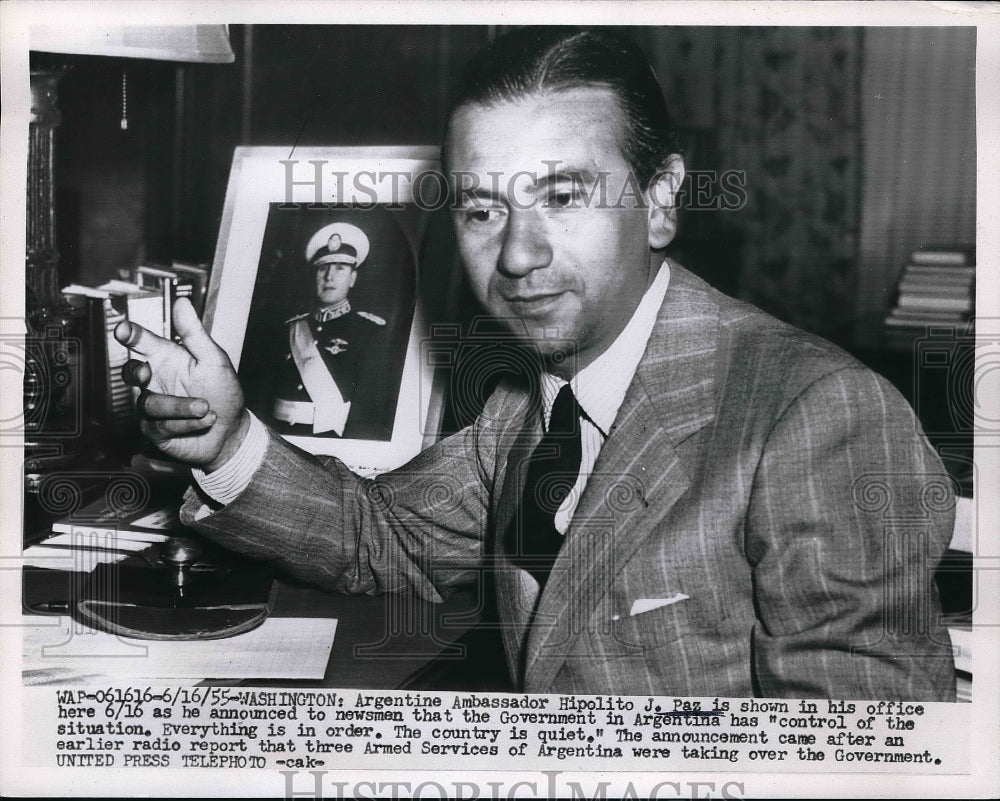 1955 Press Photo Argentina Ambassador Hipolito J. Paz Washington D.C. Office- Historic Images