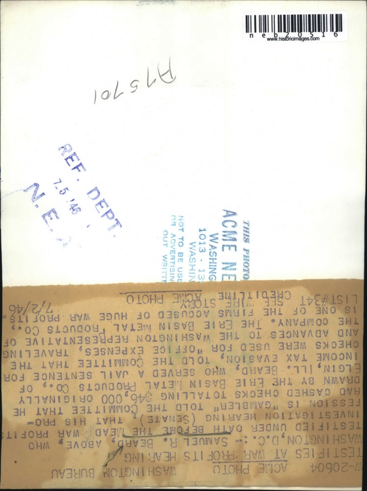 1946 Press Photo Samuel R. Beard, Gambler, Mead War Profits Investigation