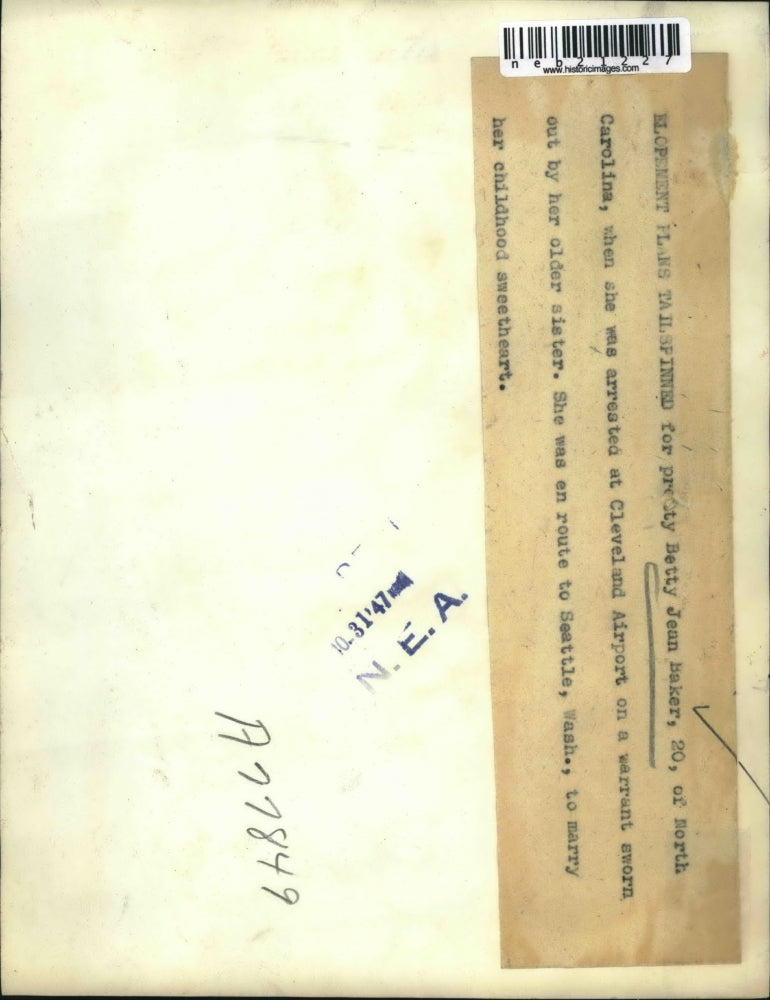 1947 Press Photo Betty Jean Baker, 20, was arrested at Cleveland Airport