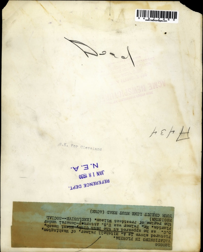 1930 Press Photo Former Attorney General A Mitchell Palmer in Florida