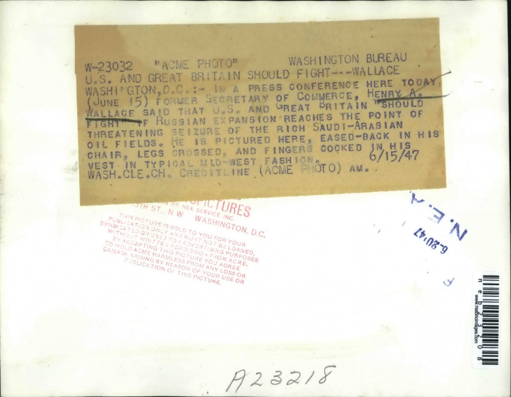 1947 Press Photo Secretary of Commerce Henry A Wallace