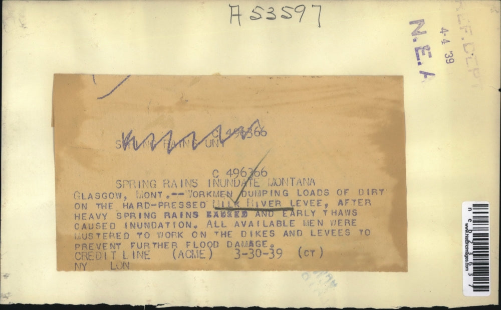 1939 Press Photo Milk river levee in Mont being reinforced due to floods