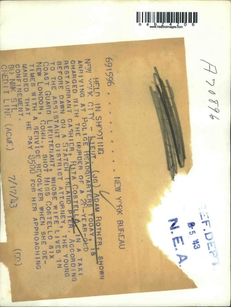 1943 Press Photo Lieutenant Adam Rother Rita Costello Murder Case Police