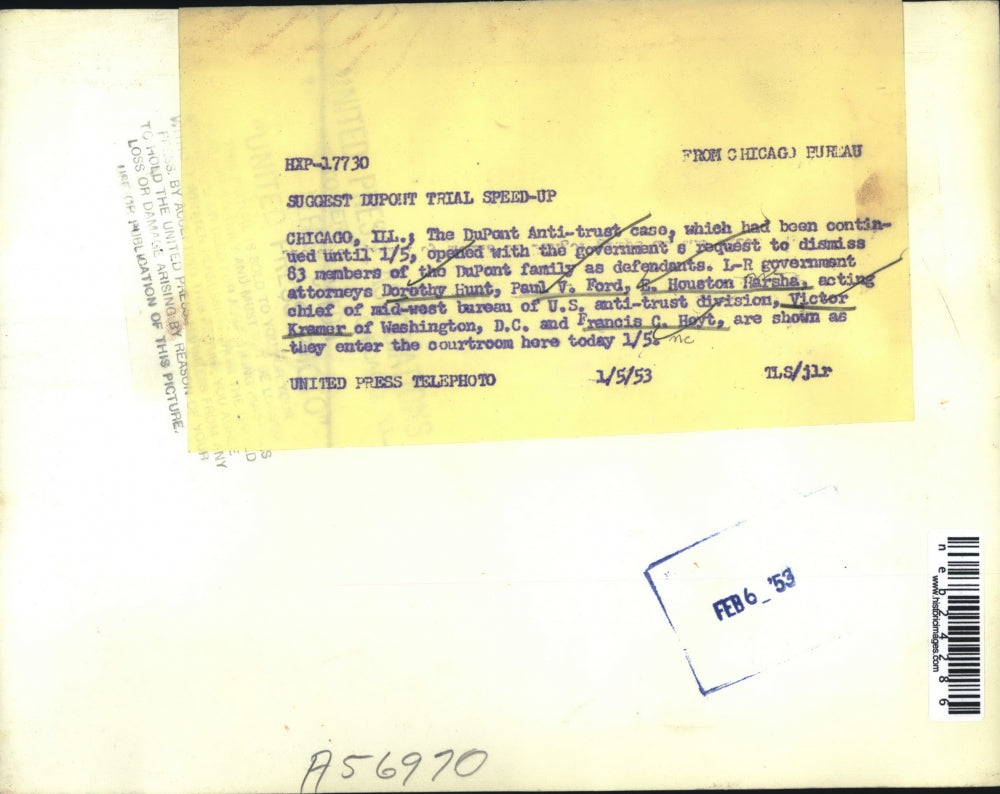 1953 Press Photo Dupont Trial, Attorneys Dorothy Hunt, Paul Ford, E.H. Marsha