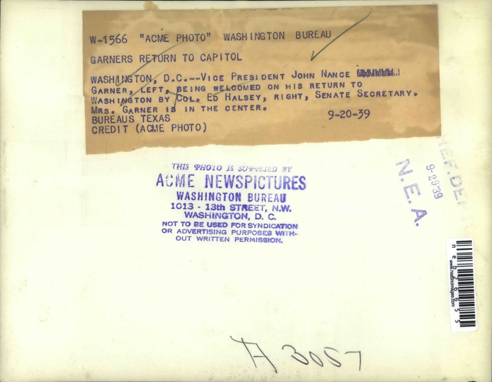 1939 Press Photo Vice President John Nance Gerner, welcomed by by Col. Ed Halsey