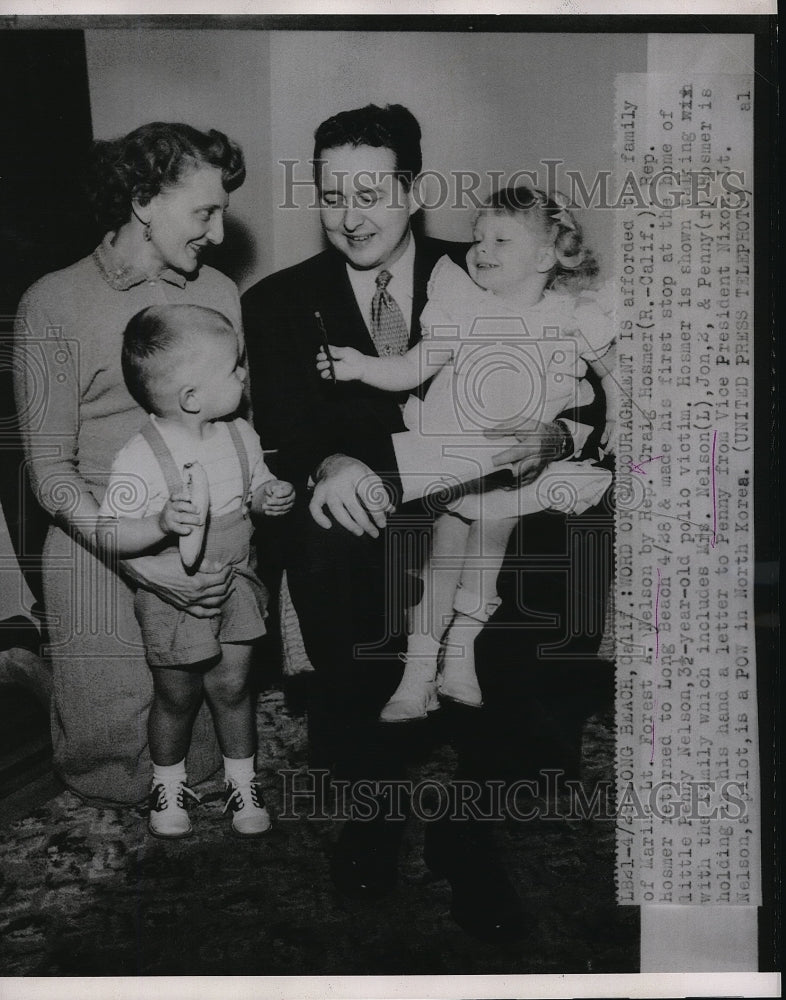 Load image into Gallery viewer, 1953 Press Photo Rep. Craig Hosmer, Mrs. Forest Nelson, Jon &amp; Penny, Polio
