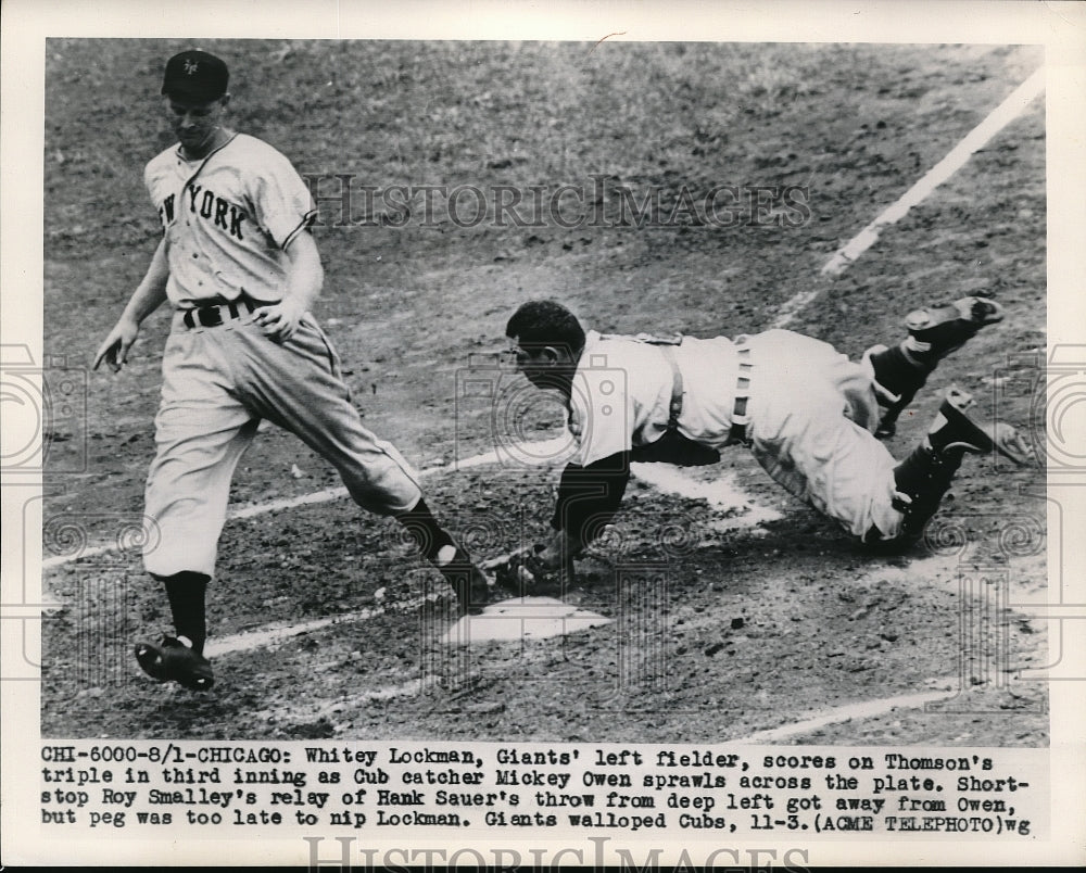 1949 Press Photo Giant Whitey Lockman scoires vs Cub catcher Mickey Owen- Historic Images