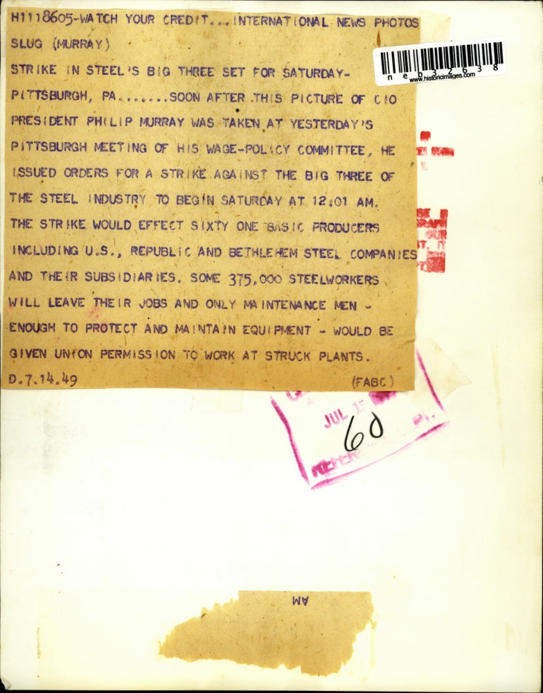 1949 Press Photo CIO Presisent Philip Murray Gives Strike Order for 375,000