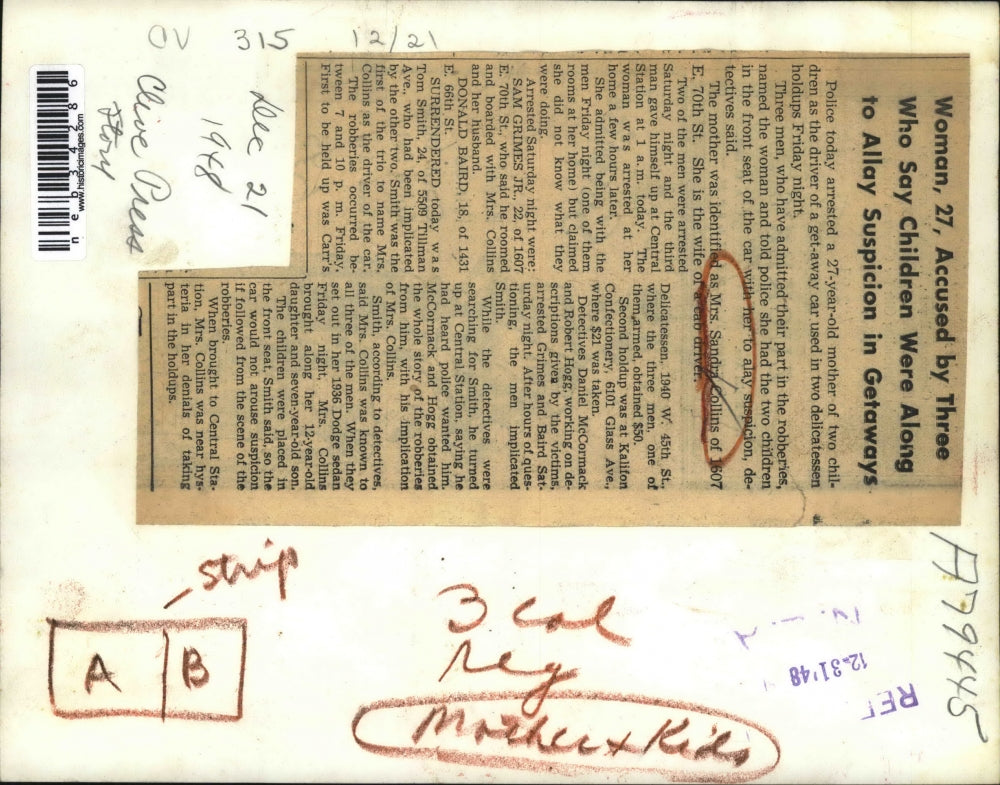 1948 Press Photo Sandra Collins Accused of Driving Getaway Car In Robbery