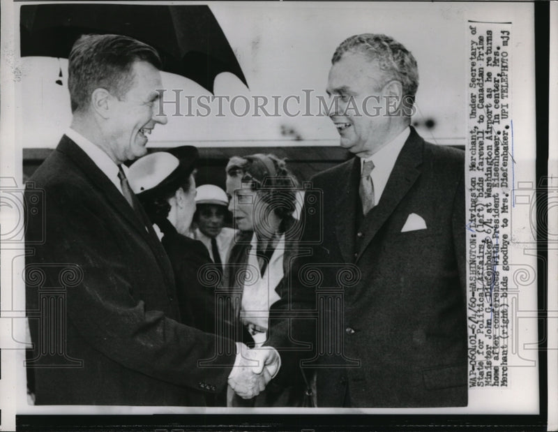 Load image into Gallery viewer, 1960 Press Photo Mr., Mrs. Livingston Merchant, John G. Diefenbaker, Washington

