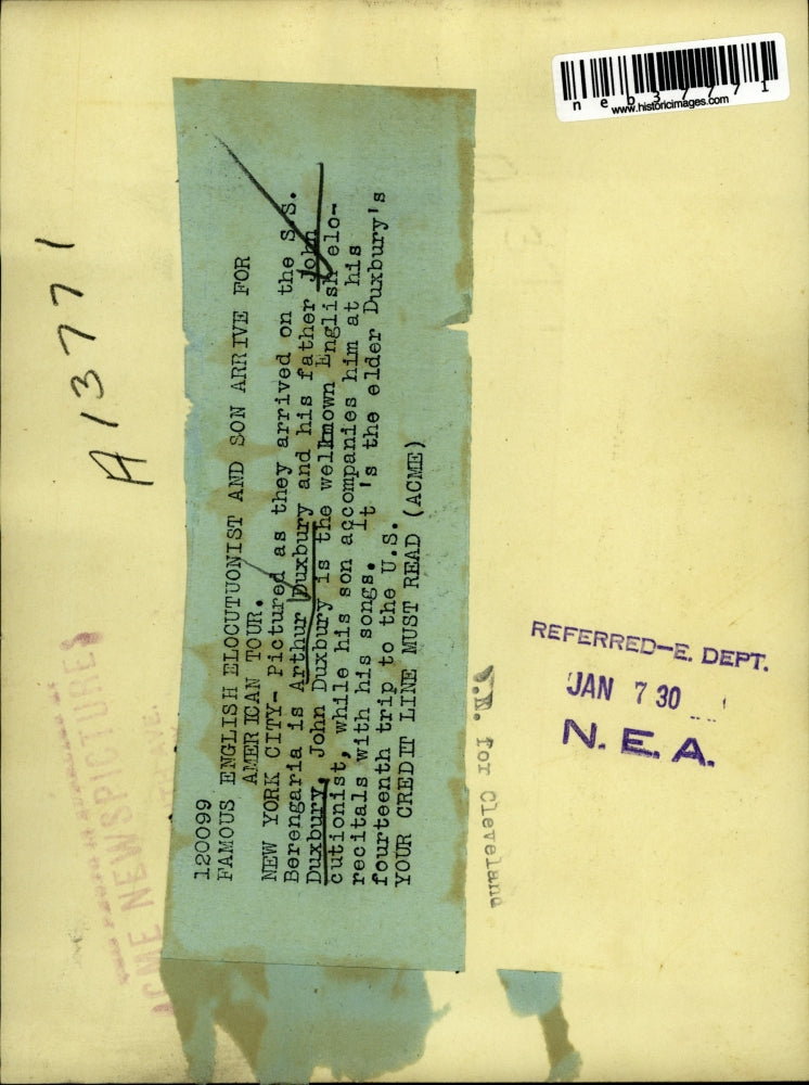 1930 Press Photo John Duxbury English Elocutuonist and Son arrived in New York