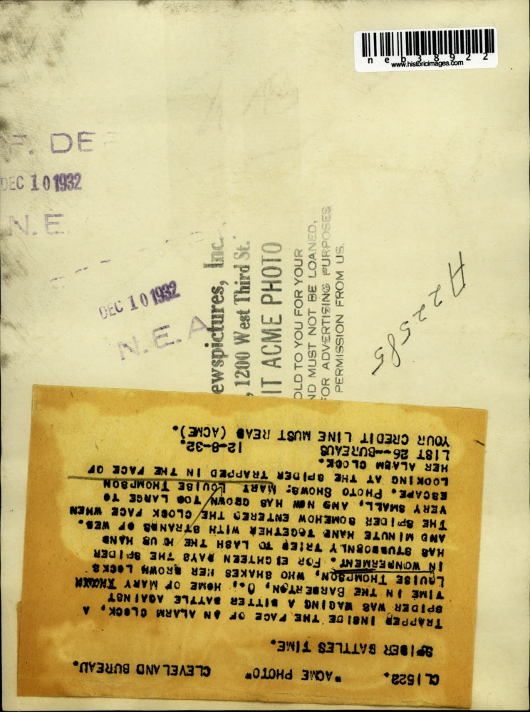 1932 Press Photo Mary Louise Thompson looking at the spider trapped in the clock