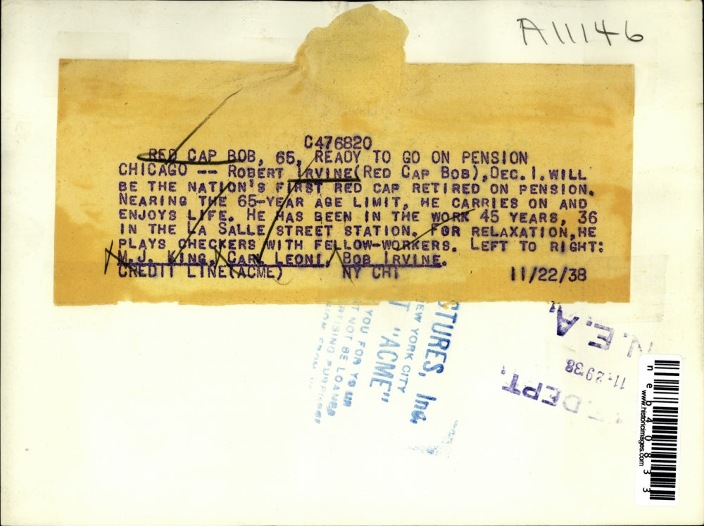 1938 Press Photo Robert Irvine,Nations first Red Cap Retired Pensioner