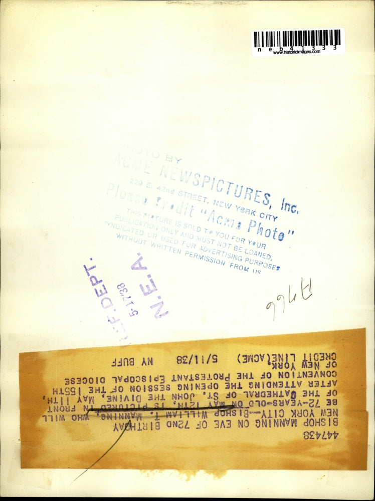 1938 Press Photo Bishop William T Manning Cathedral of St John the Divine NYC