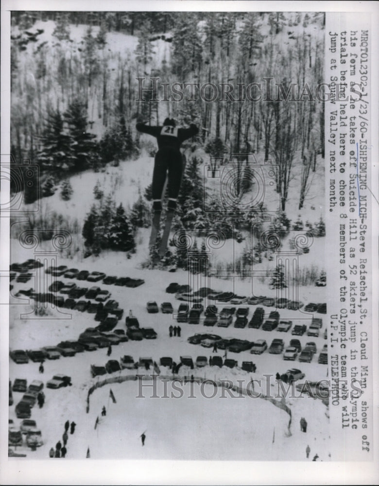 1960 Press Photo Steve Reischel jumps off Suicide Hill in Ishpeming MI- Historic Images