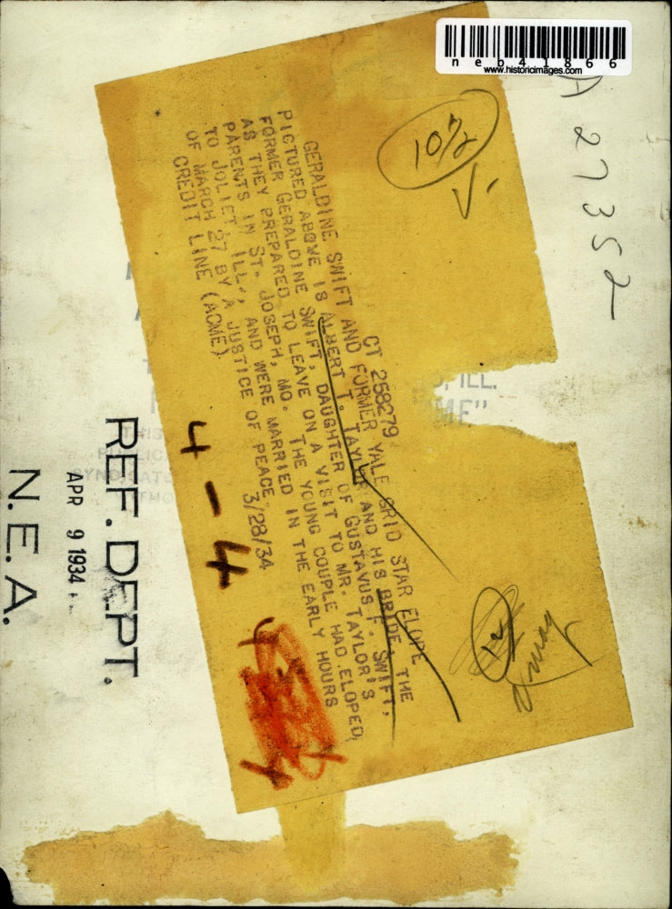 1934 Press Photo Albert T Taylor & bride Geraldine Swift elope to Joliet Illinoi