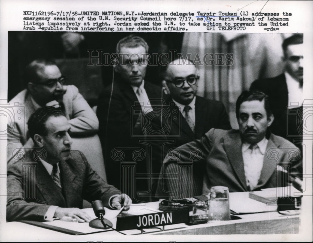 1958 Press Photo Jordanl&#39;s Taysir Toukan addresses UN Security Council in NY- Historic Images