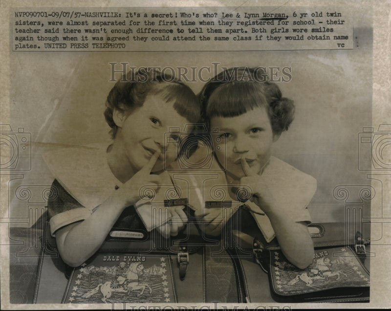 Load image into Gallery viewer, 1957 Press Photo Lee &amp; Lyn Morgan could attend class if they have name plates
