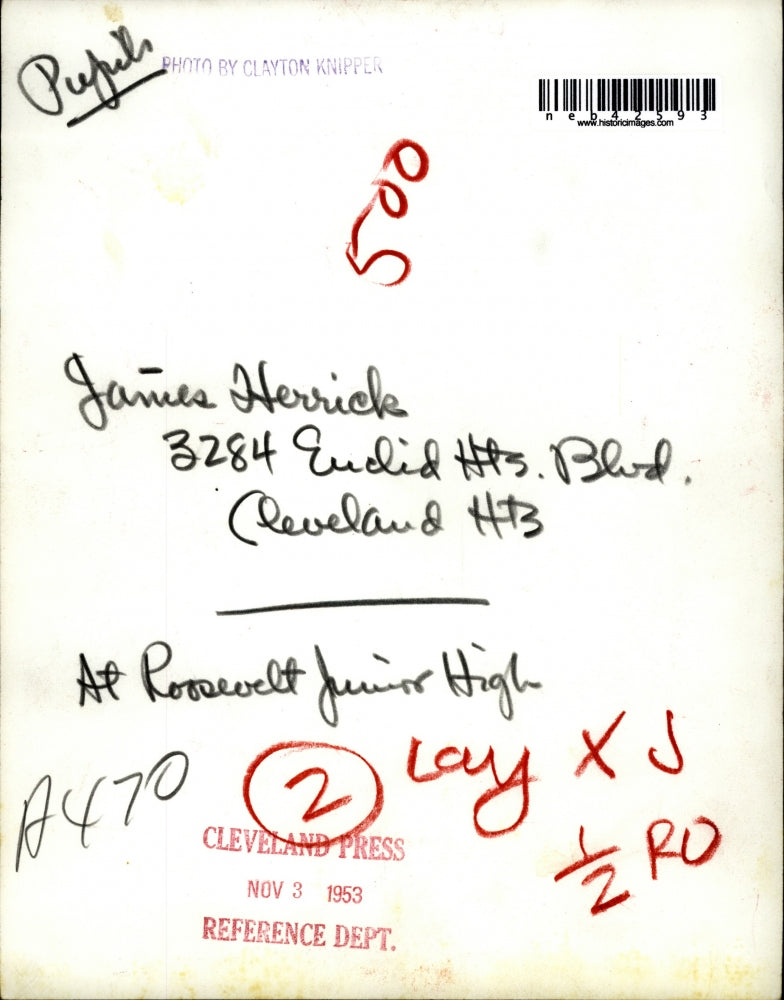 1953 Press Photo James Herricks of Cleveland Heights at Roosevelt Junior High