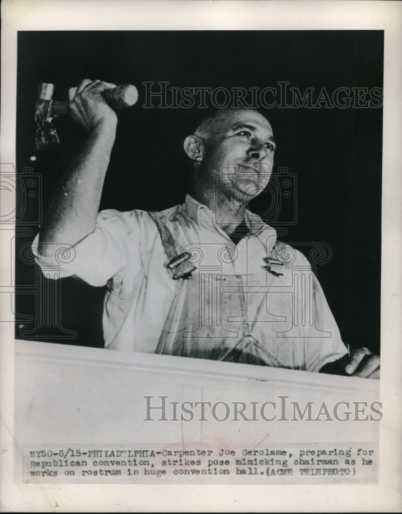 1948 Press Photo Carpenter Joe Gerolame mimicks chairman as he works on rostrum- Historic Images