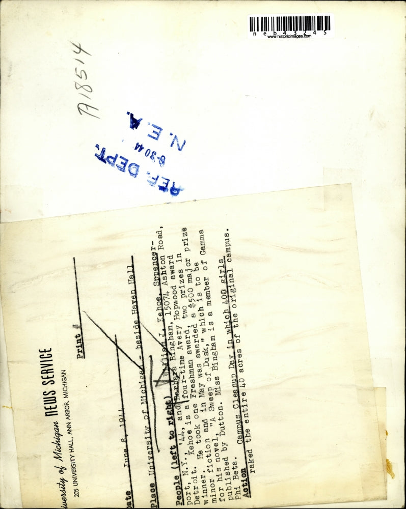 1944 Press Photo University of Michigan William Kehoe & Barbara Bingham