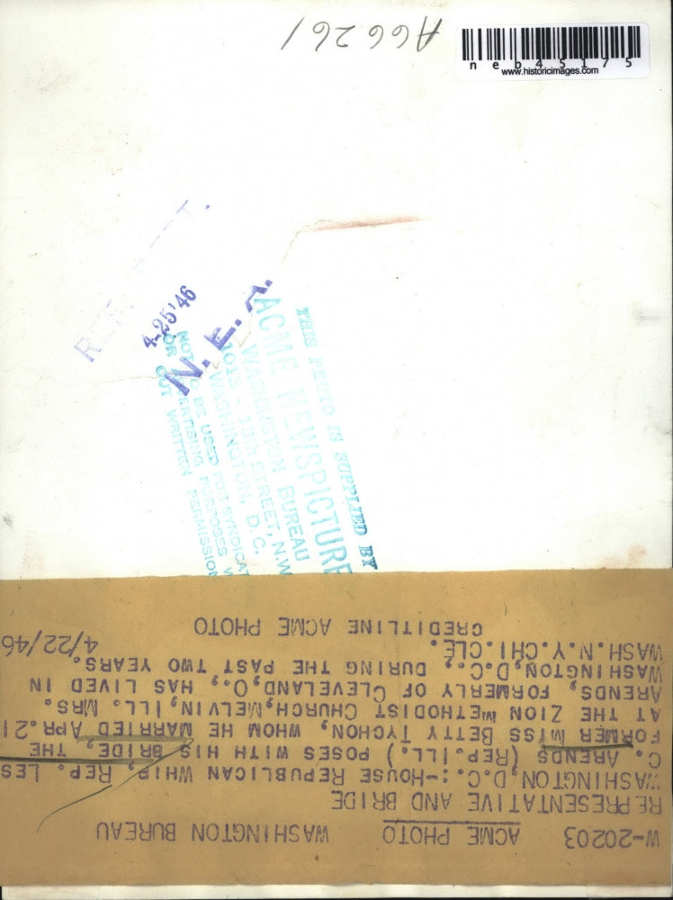 1944 Press Photo Hosue Rep. Whip Lee Arends & bride Betty Tychon in D.C.