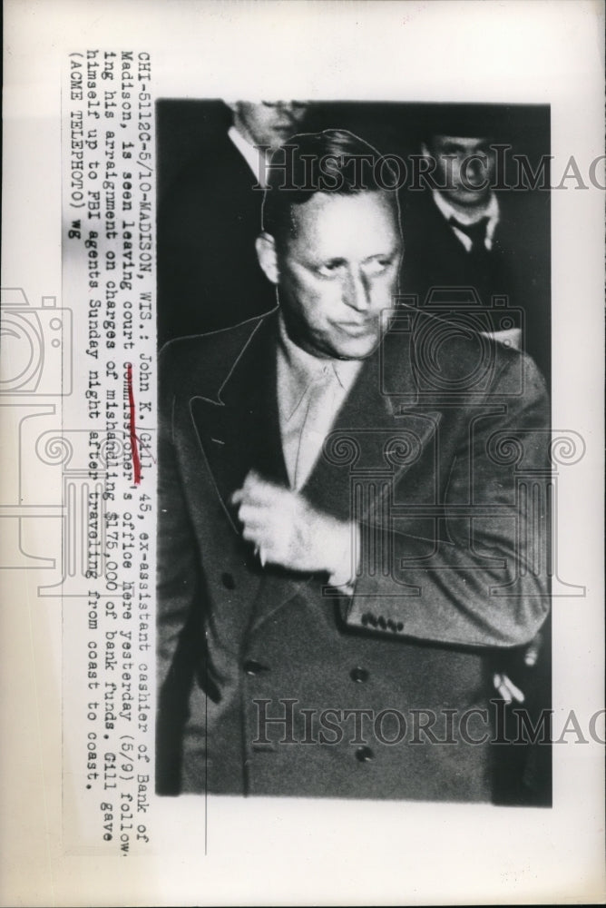 1949 Press Photo John Gill, after arraignment for theft from Bank of Madison