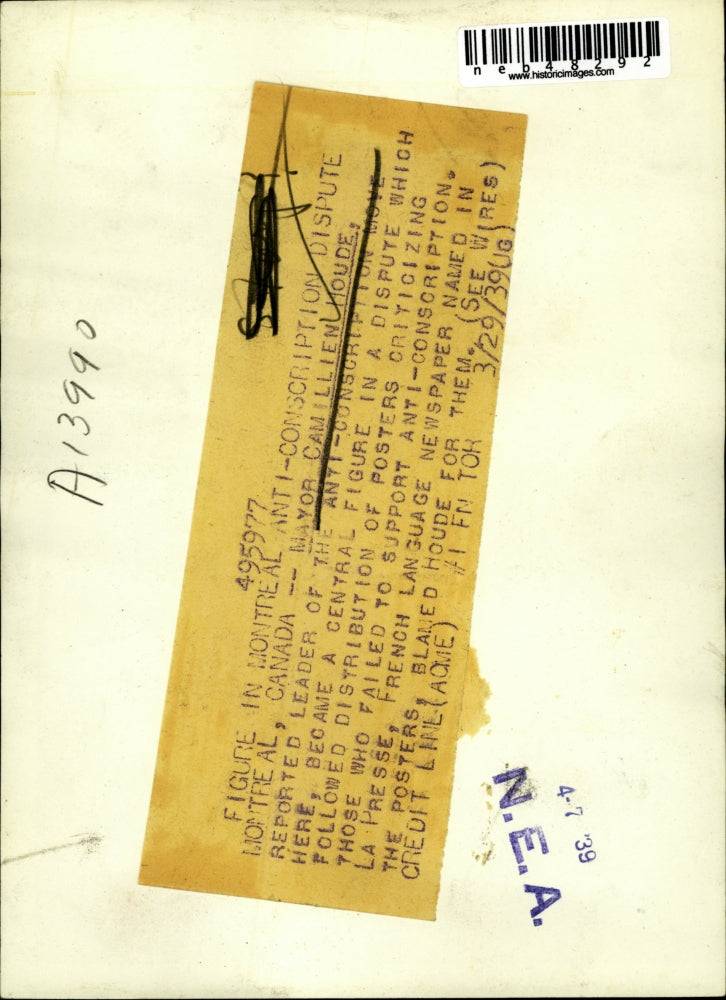 1939 Press Photo Mayor Camillien Houde, Leader of Anti-Conscription Move