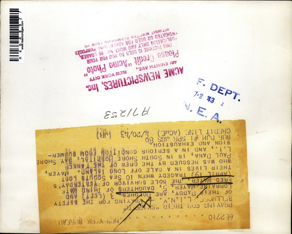 1943 Press Photo Prayers for Dad Fred Mayer sole survivor tragedy 10 sea scouts