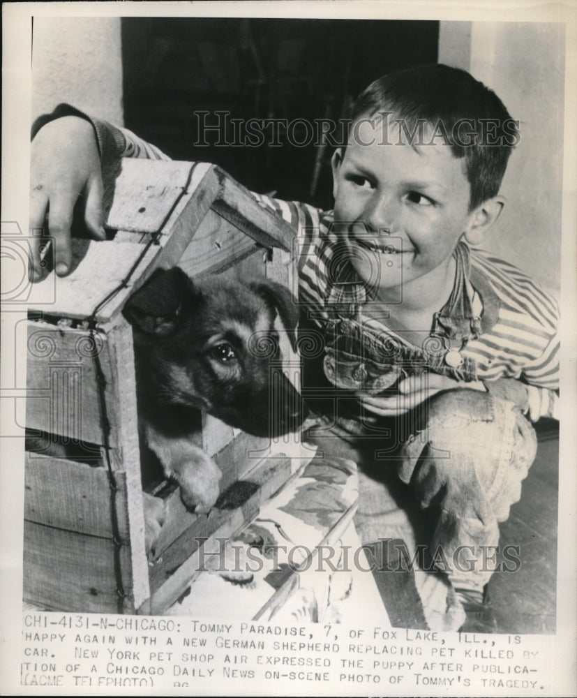 1949 Press Photo Tommy Paradise Receives New German Shepherd - Historic Images