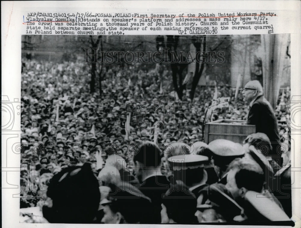 1966 Press Photo Wladyslaw Gomulka Addresses Rally in Posnan, Poland- Historic Images