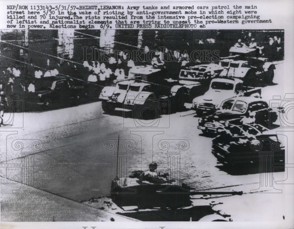 1957 Press Photo Beirut, Lebanon Army tanks patrol in wake of rioting- Historic Images