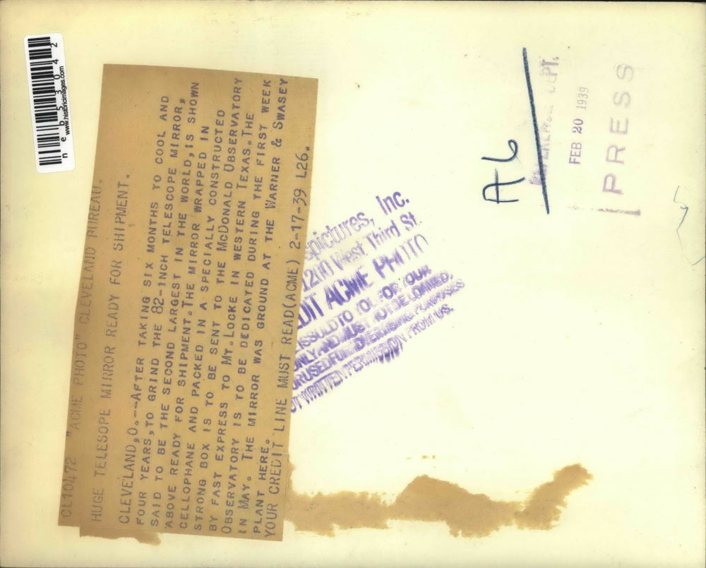 1939 Press Photo 82 Inch Telescope Mirror 2nd Largest In The World