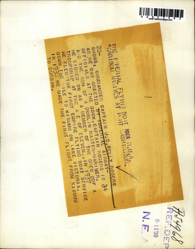 1939 Press Photo Comdr Capt JC K Rogers, flight from Kisumu toi Durban