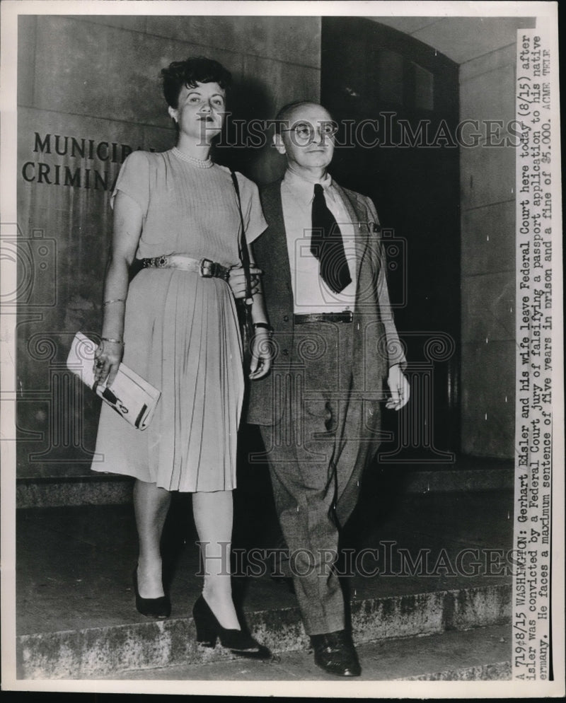 Load image into Gallery viewer, 1947 Press Photo Gerhart Eisler &amp; Wife Leave Court Convicted
