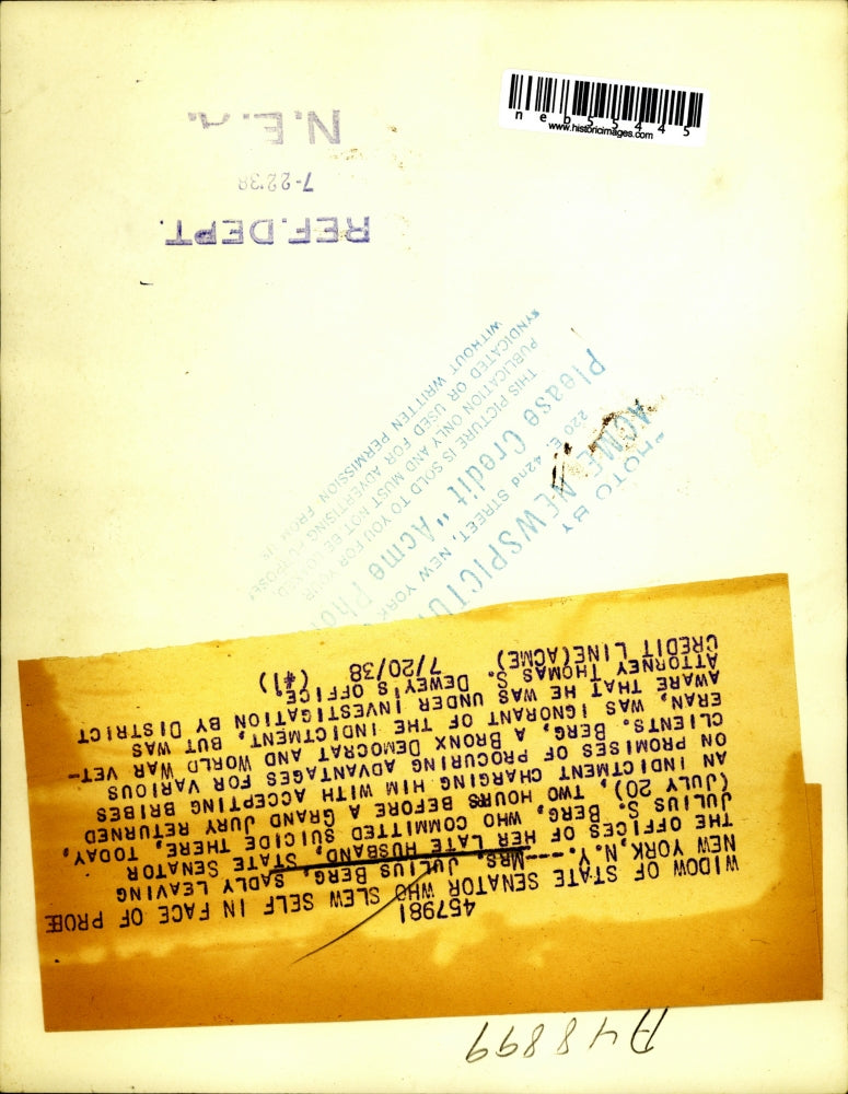 1938 Press Photo NYC, Mrs Julius Berg,widow of Sen JS Berg