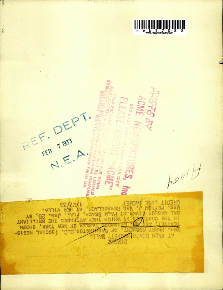 1933 Press Photo N.Y. Socialite in costume at Bal Masque at Palm Beach Fla.