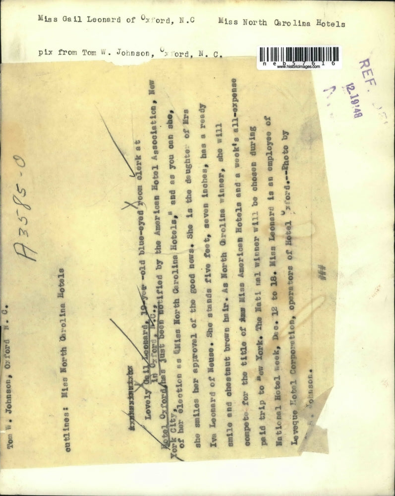 1948 Press Photo Gail Leonard Elected Miss North Carolina Hotels