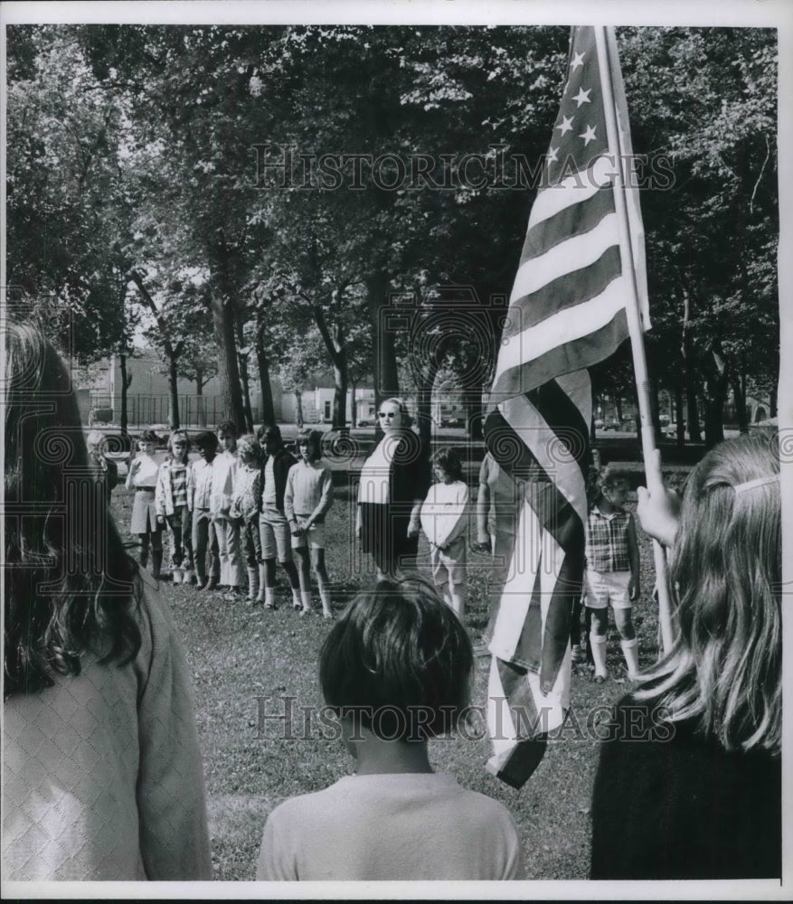 1969 Press Photo School Children at Outside Event with Flag Ceremony- Historic Images